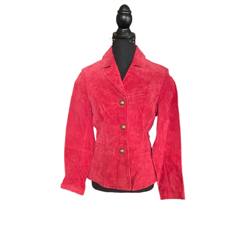 RUFF HEWN Genuine Leather Red Suede Collared Button Jacket Coat Women Size M